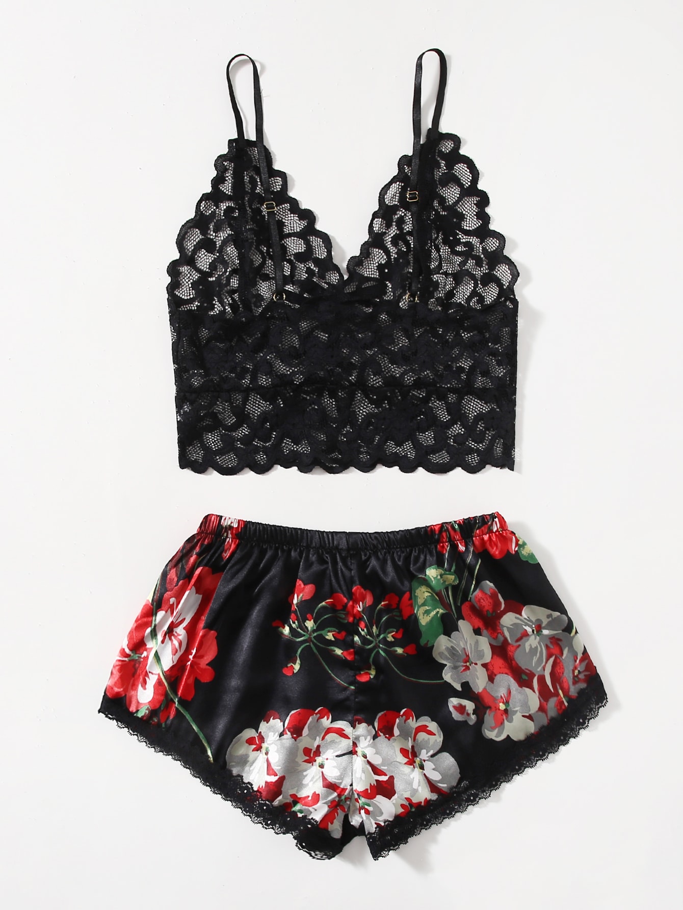 Lace Bralette Set - 여성용 꽃무늬 레이스 파자마 세트, 데이트