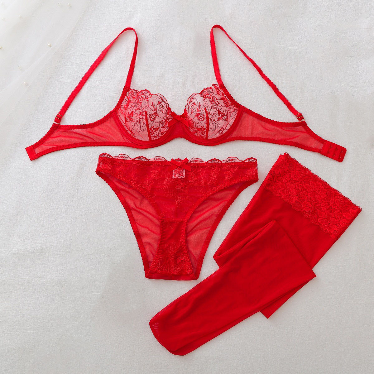 Sheer Mesh Bra - 시스루 메쉬 에로틱 세트 여성용 레드